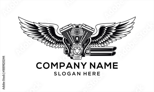 Vintage Motorcycle Engine with Spread Wings Logo Design.