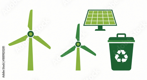 3D illustration of a green recycle bin with a recycling symbol featuring wind turbines and ecology icons for a sustainable nature power energy concept
