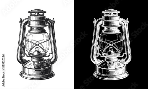 Vintage Kerosene Lantern Hand Drawn Engraving Style Illustration.