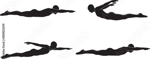 Set of black silhouettes showing athletic swimmers in various prone positions and diving motions isolated on white background for water sports and swimming concepts.