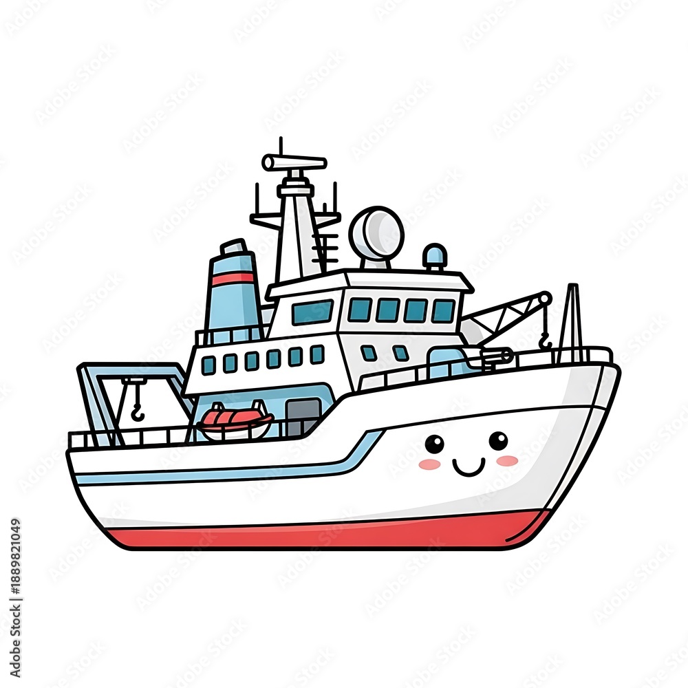 Obraz premium Cartoon Fishing Boat with Smiling Face.