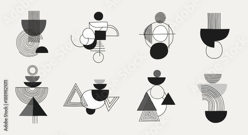 Abstract geometric art composition featuring balance and harmony elements in monochrome shades
