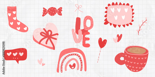 Hand-drawn Valentine’s Day vector set on a checkered notebook paper background. Cute doodle elements in sketch style perfect for love cards, romantic notes, school designs, stickers, and scrapbook