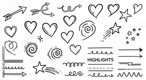 Variety of hand-drawn elements with hearts arrows and stars for creative projects
