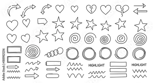 Diverse hand-drawn sketch elements compilation featuring arrows, hearts, stars and abstract doodles