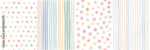 Collection of five seamless patterns with pastel colored geometric shapes and stripes background texture