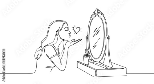 Line drawing of a woman blowing a kiss to her reflection in the mirror while sitting at a vanity on a transparent background