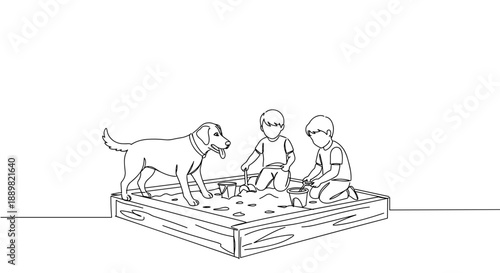 Line drawing of two children playing with a dog in a sandbox on a sunny day, with toys scattered around, isolated on a transparent background