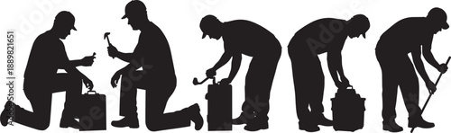Set of black silhouettes showing professional construction workers and repair technicians using tools like hammers and shovels isolated on white background for industrial labor concepts.