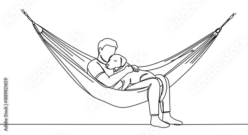 Line drawing of a person relaxing in a hammock while holding a child on a transparent background