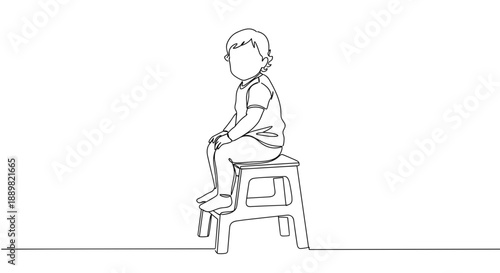 Line drawing of a child sitting on a stool with feet dangling, reflecting a moment of contemplation against a transparent background