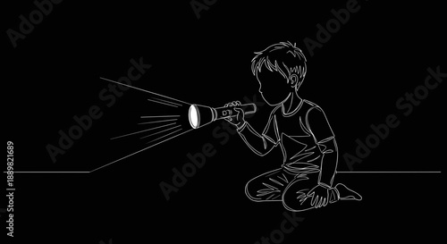 Line drawing of a child sitting on the floor with a flashlight exploring in the dark