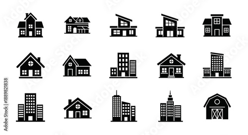 Diverse architectural icons representing modern residential and commercial buildings skyline