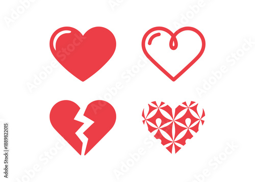 Four red heart icons depicting love breakage and decorative styles