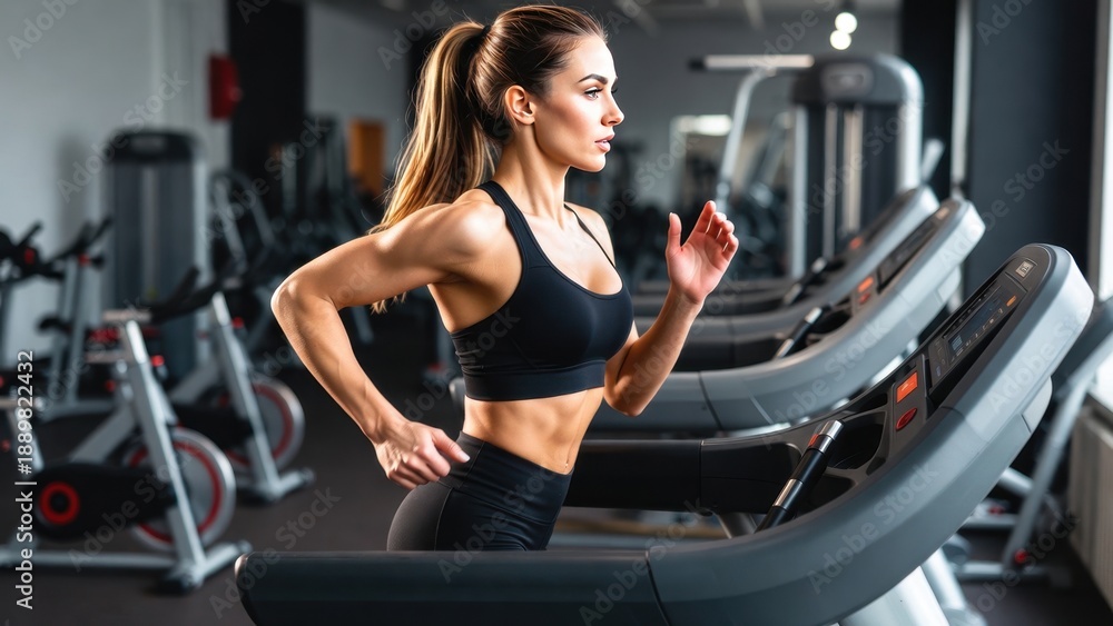 Fototapeta premium Young caucasian female running on treadmill in modern gym