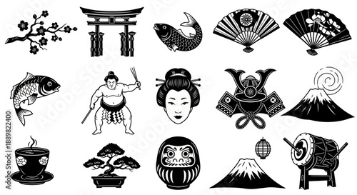 Japanese Culture Icons: Sumo, Geisha, Mount Fuji, Samurai, Koi Fish