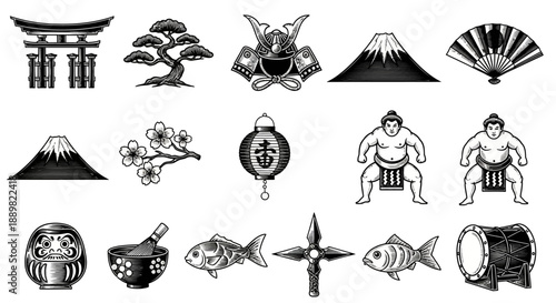 Japanese Culture Icons: Torii Gate, Bonsai Tree, Samurai Helmet, Mt Fuji, Fan