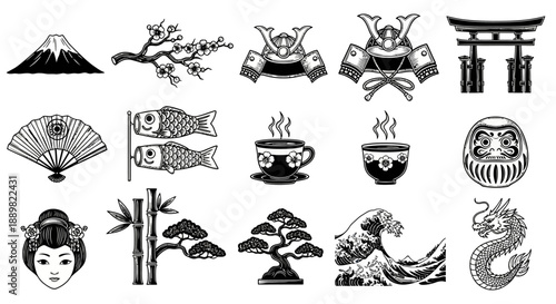 Japanese Culture Icons: Mount Fuji, Samurai Helmet, Torii Gate, Geisha, Dragon