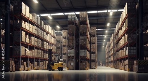 Warehouse with cardboard boxes on metal shelves. Yellow forklift in center aisle under bright lights. Modern storage facility showing organized inventory management and logistics operations.