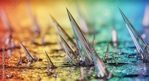 Sharp metallic spikes rise from a gradient surface with warm orange-yellow transitioning to cool blue-green hues. Creates a defensive barrier effect for concepts like protection, danger, or obstacles.
