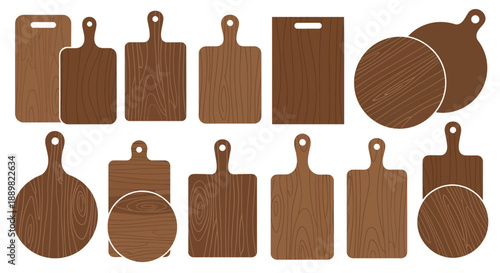 Collection of wooden cutting boards, various shapes and sizes, kitchenware