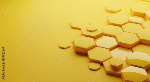 Three-dimensional golden hexagons arranged on a bright yellow surface, creating a modern geometric pattern with subtle shadows. Perfect for tech, business, or creative project backgrounds.