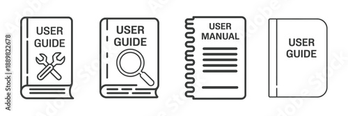 Four simple line art icons depicting user guides and manuals in various styles