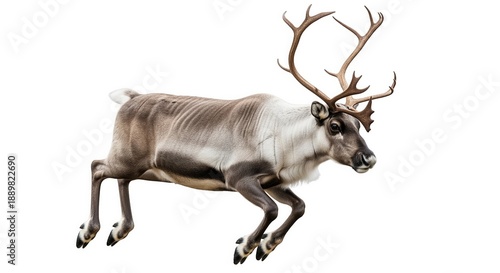 A realistic illustration of a caribou with large branching antlers and thick white-brown fur in a walking pose. Perfect for educational materials, holiday designs, and wildlife content.