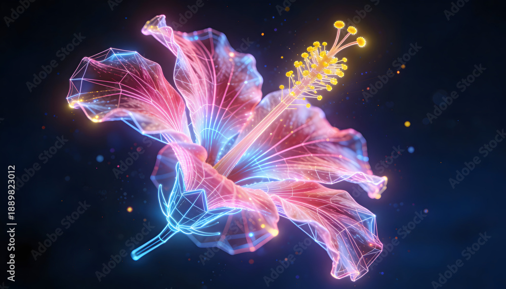 Obraz premium Luminous Hibiscus: A Digital Blossom of Color and Light. A Captivating Botanical Illustration Bursting with Neon Hues, Ideal for Modern Design and Vibrant Themes