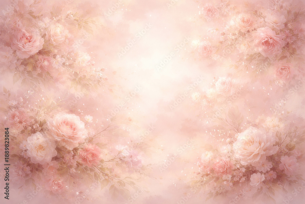 Fototapeta premium Airy dreamy floral background with soft pink flowers and glowing particles, gentle romantic mood and copy space.