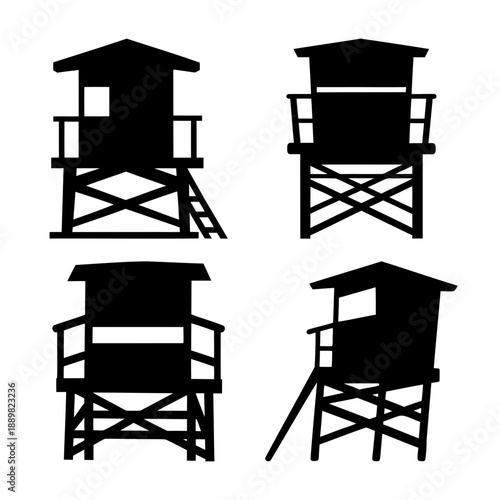 Collection of black lifeguard and watchtower silhouettes for beach safety and coastal themes
