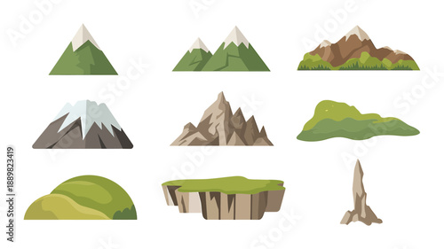 Konstfotografi Cartoon illustration of various mountain and landform shapes on a white backgrou