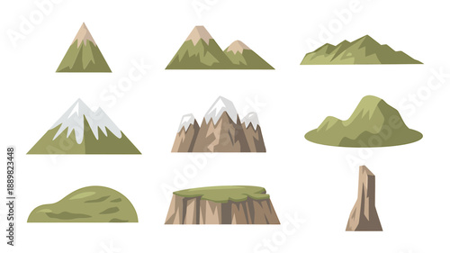 Collection of cartoon mountains and hills in varying shapes and colors