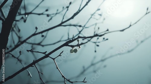 Bare tree branches stretch against a soft, misty background, highlighting delicate berries and the quiet beauty of winter's natural dormancy and ethereal light