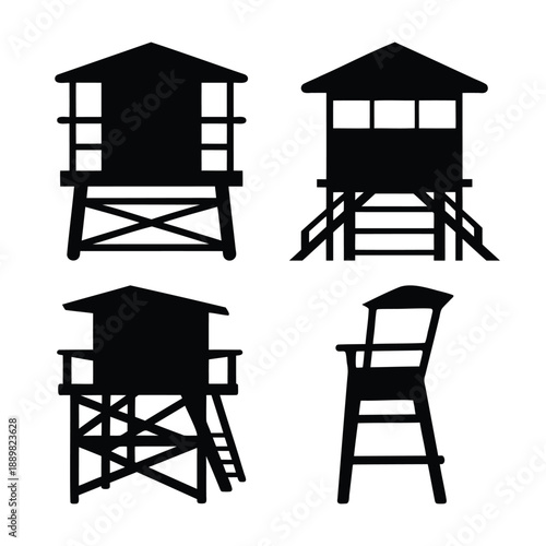 Lifeguard towers and chair silhouette collection for beach safety and summer vacation design