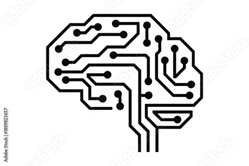 A detailed line drawing depicting a brain composed of circuit pathways