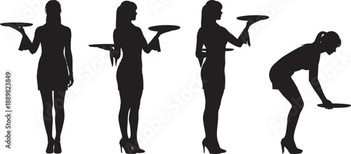 Set of elegant waitress silhouettes in various professional poses carrying service trays and towels isolated on white background for restaurant and catering hospitality concepts.