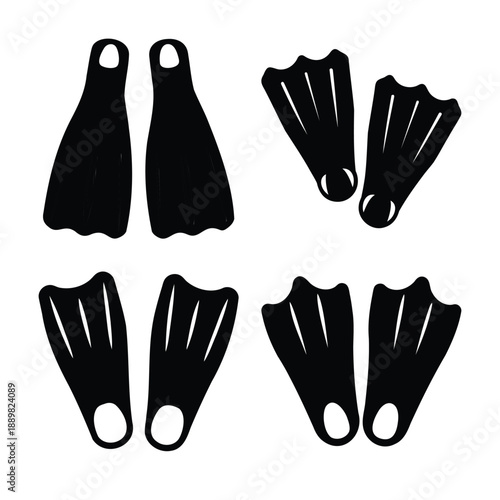 A collection of black silhouette fins and flippers for various water sports activities