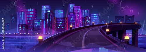 Night city skyline view from bridge, urban road