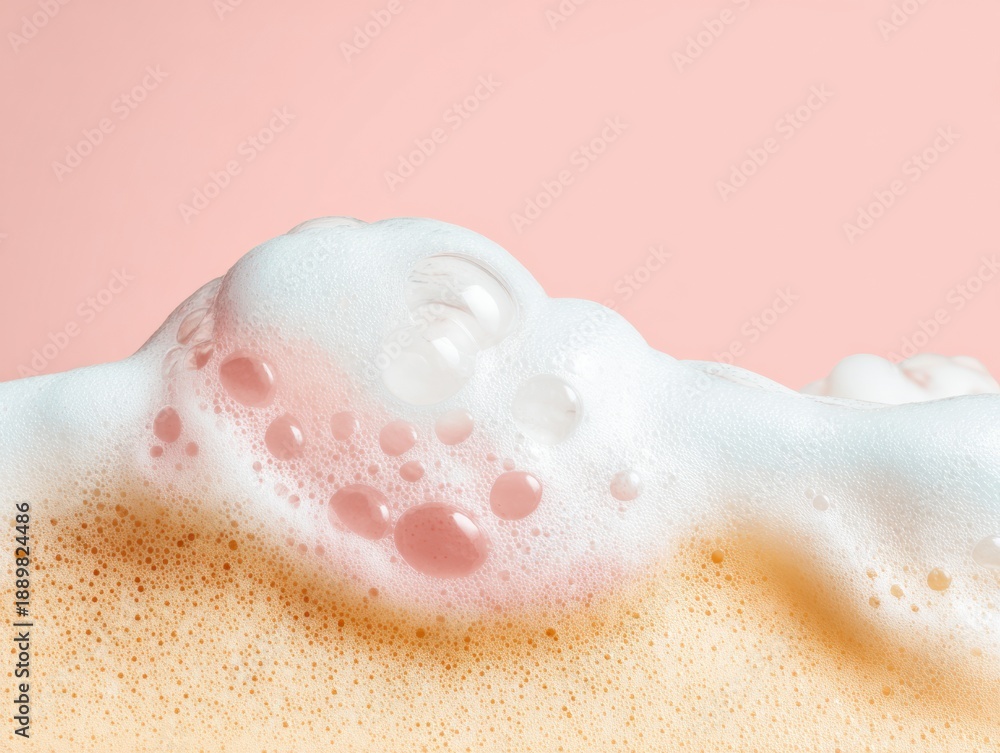 Fototapeta premium White Soap Foam and Bubbles on Pink Background for Skincare Product Branding, Clean Shampoo Suds for Beauty and Body Care Advertising with Copy Space