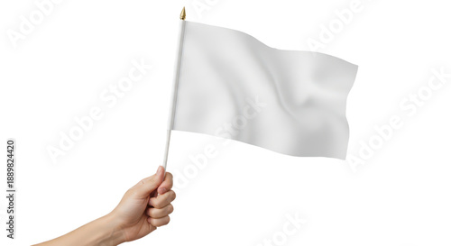 Hand holding a small waving white blank flag for mockup. Isolated on transparent background, png