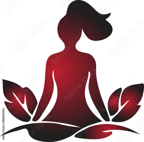 A serene silhouette of a woman in a meditative lotus pose, surrounded by stylized leaves, representing peace, tranquility, and natural wellness through mindfulness and spiritual practice