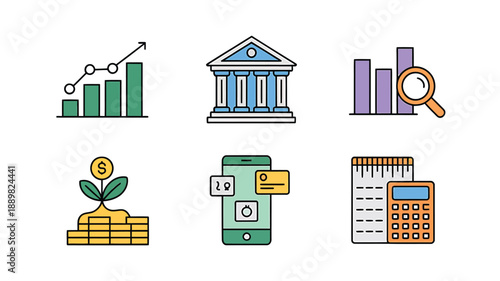 Financial icons depicting growth banking analysis and modern technology