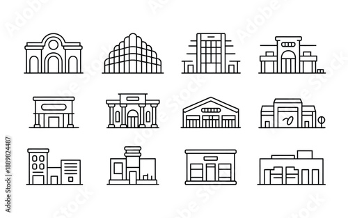 Collection of minimalist line art illustrations depicting various architectural building facades