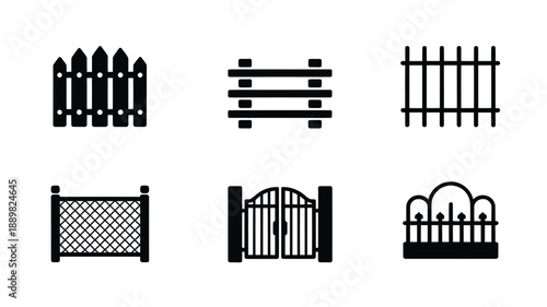 Simple black and white icons depicting various styles of fences and gates