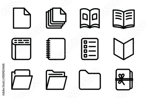 Black and white line icons depicting various document and file types