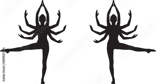 Set of two black silhouettes showing a mystical woman with multiple arms in a yoga pose isolated on white background for spirituality and meditation.