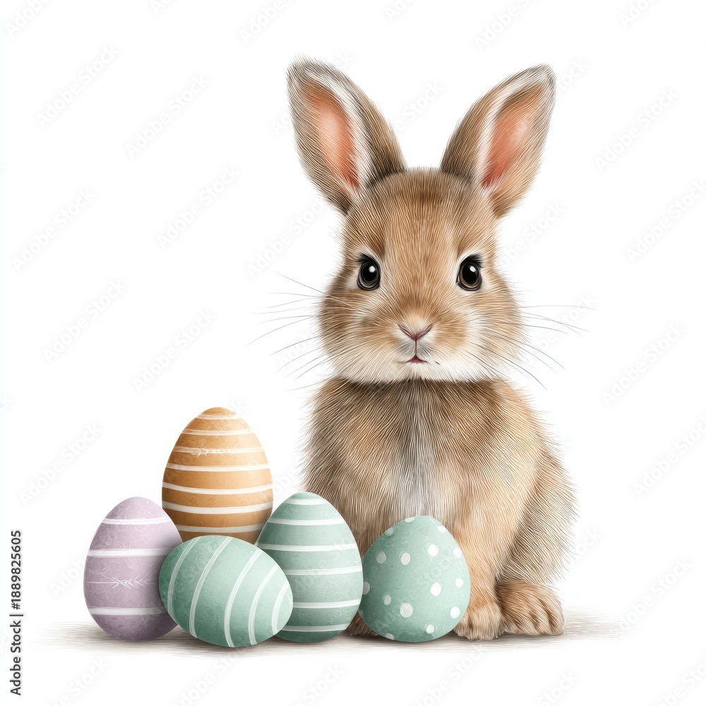 Obraz premium Cute bunny with decorated easter eggs on white background