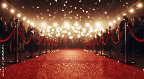 A glamorous red carpet event with elegant red ropes and black stanchions lining both sides. Golden lights create a magical bokeh effect overhead, casting warm glows across the luxurious scene.