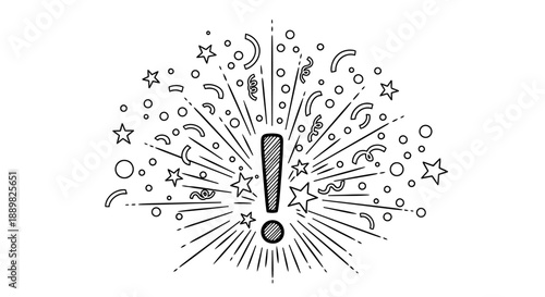 Exclamation Mark Bursting with Stars, Confetti, and Rays - Hand Drawn Style